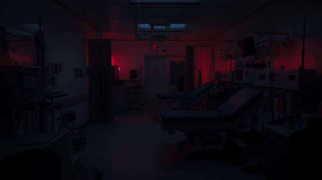 Sala de hospital com falta de energia com algumas luzes vermelhas
