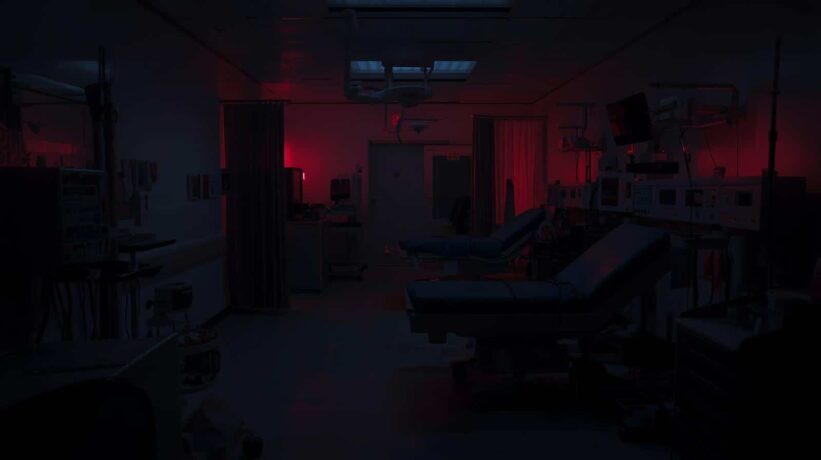 Sala de hospital com falta de energia com algumas luzes vermelhas