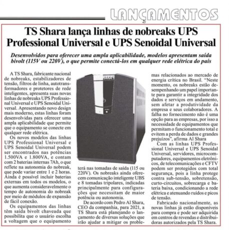 Matéria de jornal anuncia lançamento das linhas de nobreaks UPS Professional e UPS Senoidal Universal da TS Shara.
