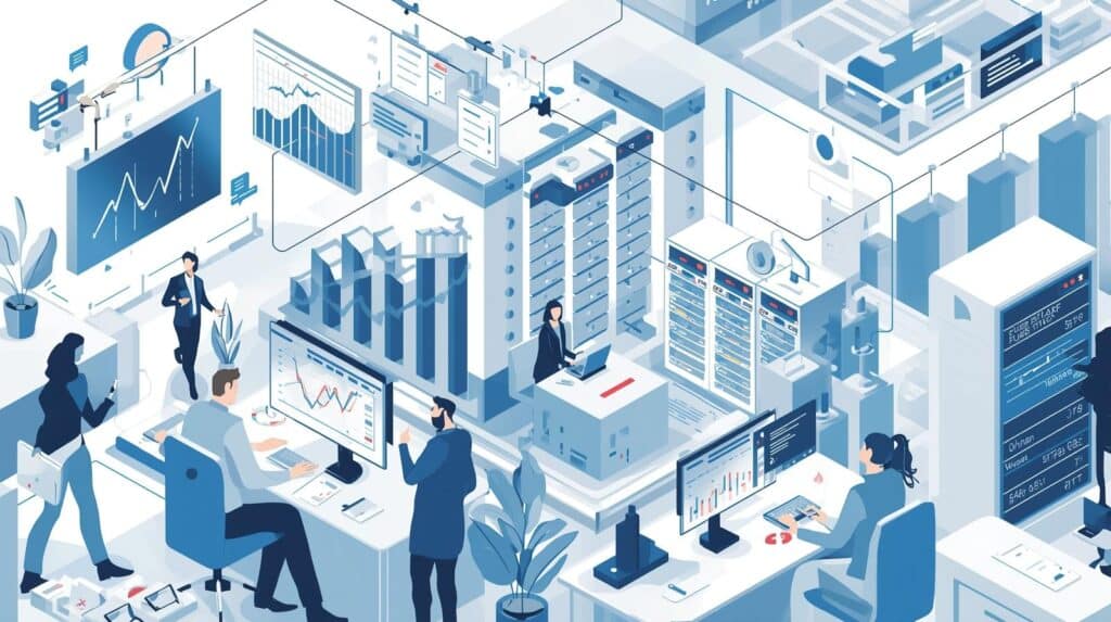 Ilustração isométrica em tons de azul e cinza de um escritório de alta tecnologia e centro de dados. No centro, uma profissional trabalha em um servidor, enquanto outros colaboradores operam computadores com múltiplos monitores exibindo gráficos financeiros e de desempenho. Grandes painéis digitais nas paredes mostram indicadores de crescimento e estatísticas de vendas, simbolizando produtividade e monitoramento em tempo real em um ambiente corporativo moderno.