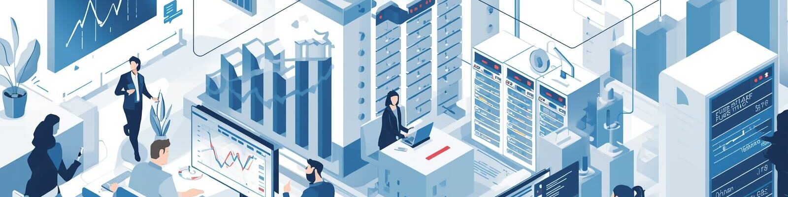 Ilustração isométrica em tons de azul e cinza de um escritório de alta tecnologia e centro de dados. No centro, uma profissional trabalha em um servidor, enquanto outros colaboradores operam computadores com múltiplos monitores exibindo gráficos financeiros e de desempenho. Grandes painéis digitais nas paredes mostram indicadores de crescimento e estatísticas de vendas, simbolizando produtividade e monitoramento em tempo real em um ambiente corporativo moderno.