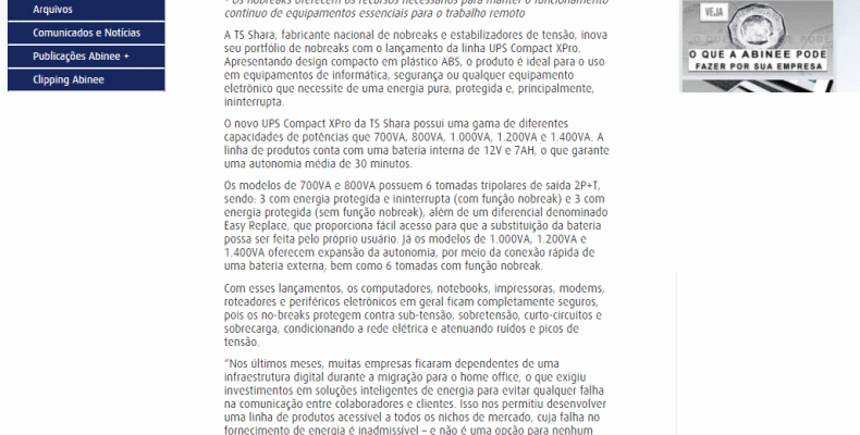 uma página web da ABINEE (Associação Brasileira da Indústria Elétrica e Eletrônica). O layout principal da página é branco e cinza, com menus laterais em tons de azul e roxo escuro.