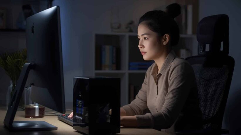 Mulher concentrada trabalhando em um computador desktop em um escritório doméstico escuro, com um nobreak preto brilhante visível ao lado do monitor.