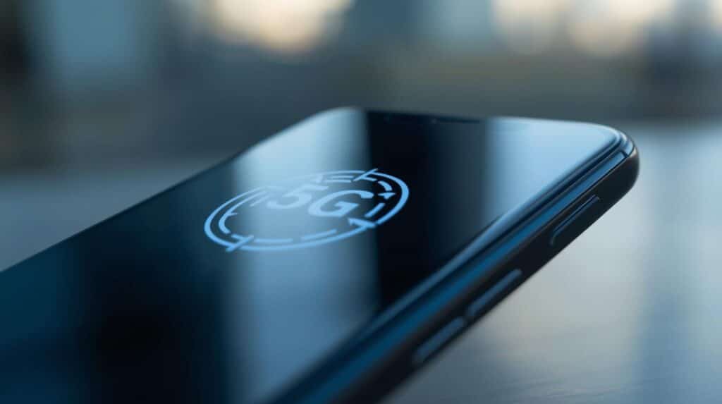 smartphone moderno, com um ícone de "5G" digital e brilhante na tela escura.
