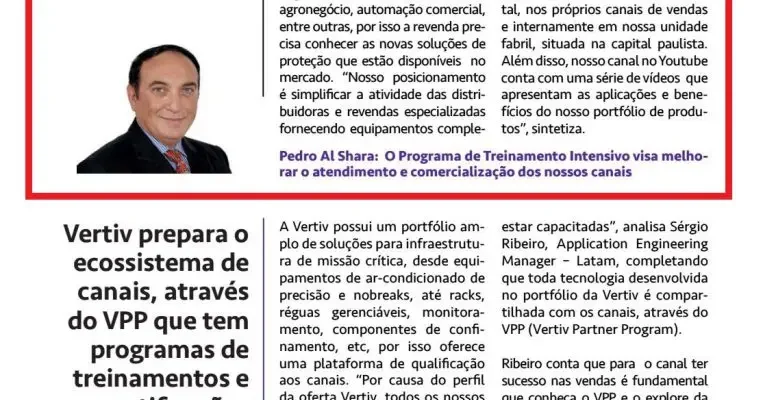 Imagem de uma página de revista destacando uma matéria institucional da TS Shara sobre programa de treinamento intensivo para canais, com texto explicativo, logotipo da marca e foto de um executivo.
