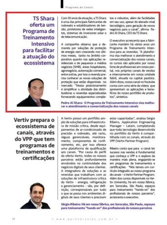 Imagem de uma página de revista destacando uma matéria institucional da TS Shara sobre programa de treinamento intensivo para canais, com texto explicativo, logotipo da marca e foto de um executivo.
