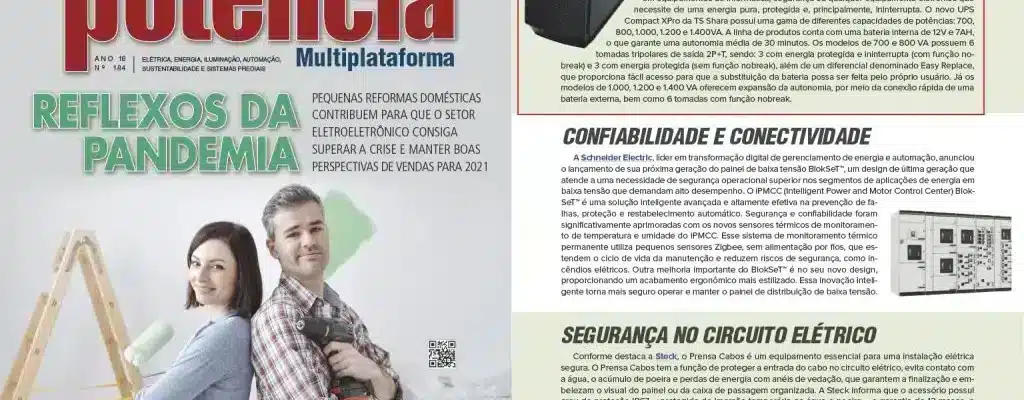 Imagem de uma página de revista do setor elétrico destacando a capa “Potência Multiplataforma”, com chamada sobre reflexos da pandemia, matérias técnicas e anúncios de produtos para instalações elétricas e home office.