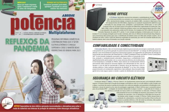 Imagem de uma página de revista do setor elétrico destacando a capa “Potência Multiplataforma”, com chamada sobre reflexos da pandemia, matérias técnicas e anúncios de produtos para instalações elétricas e home office.