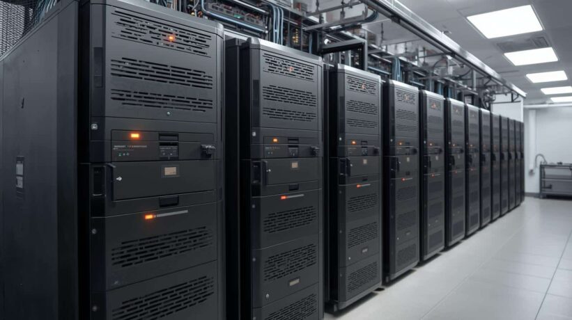 Fileiras de racks de servidores em uma sala de data center com iluminação branca e cabos organizados.