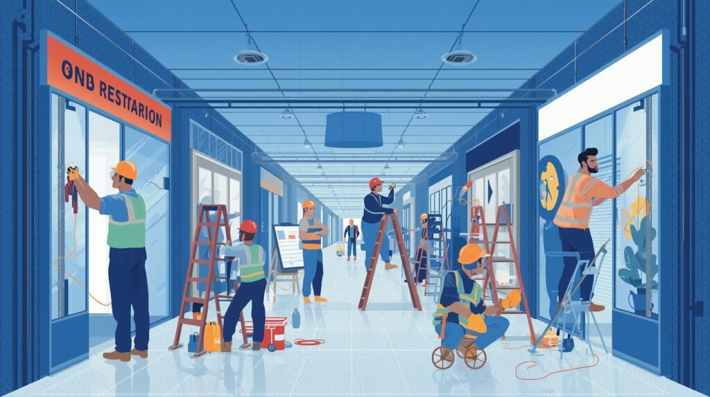 Ilustração de trabalhadores realizando manutenção elétrica em lojas de um centro comercial.