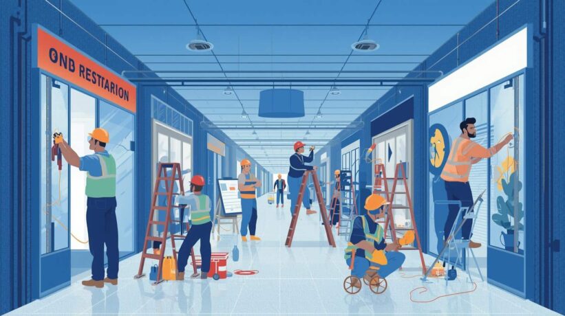 Ilustração de trabalhadores realizando manutenção elétrica em lojas de um centro comercial.