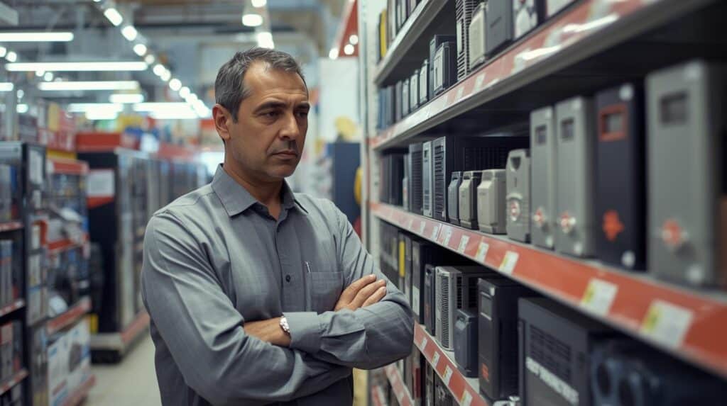 Um homem de meia-idade, vestindo uma camisa social cinza, está em um corredor de uma loja de eletrônicos ou suprimentos industriais.