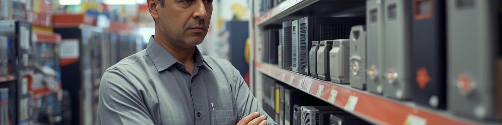 Um homem de meia-idade, vestindo uma camisa social cinza, está em um corredor de uma loja de eletrônicos ou suprimentos industriais.