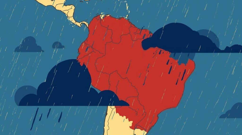 Ilustração em estilo cartoon de um mapa da América do Sul com foco no Brasil, que está destacado inteiramente na cor vermelha. Ao redor do continente, o fundo azul é preenchido por grandes nuvens de tempestade escuras e traços diagonais que representam uma chuva intensa caindo sobre toda a região