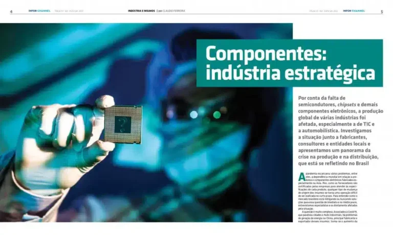 imagem é uma página de uma revista digital intitulada "Infor Channel", com uma matéria sobre a crise global de suprimentos.