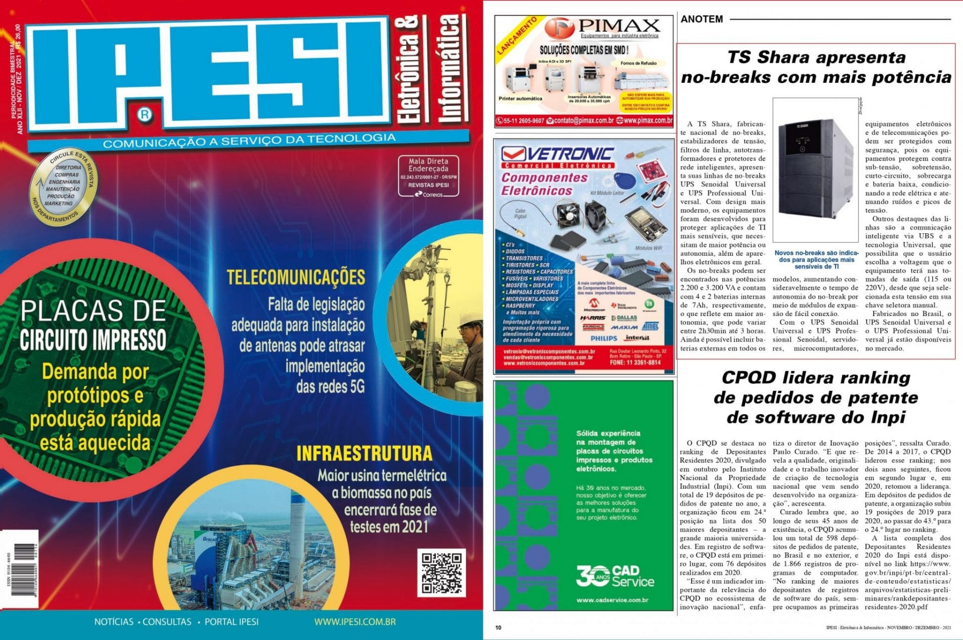 Capa e página interna da revista IPESI Eletrônica & Informática. A capa azul destaca manchetes sobre placas de circuito impresso, implementação do 5G e infraestrutura de biomassa. A página ao lado contém anúncios de componentes eletrônicos e matérias sobre no-breaks da TS Shara e patentes de software do CPQD.