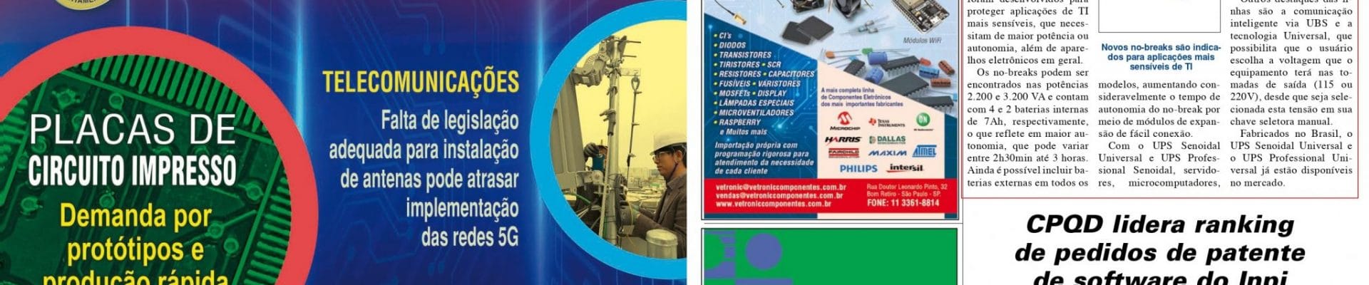 Capa e página interna da revista IPESI Eletrônica & Informática. A capa azul destaca manchetes sobre placas de circuito impresso, implementação do 5G e infraestrutura de biomassa. A página ao lado contém anúncios de componentes eletrônicos e matérias sobre no-breaks da TS Shara e patentes de software do CPQD.