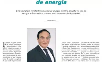 Página de um artigo da revista Ipesi com o título centralizado em azul: "Crise hídrica abre oportunidade para fontes renováveis de energia". Abaixo do título, há o nome do autor, Pedro Al Shara.