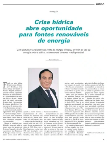 Página de um artigo da revista Ipesi com o título centralizado em azul: "Crise hídrica abre oportunidade para fontes renováveis de energia". Abaixo do título, há o nome do autor, Pedro Al Shara.