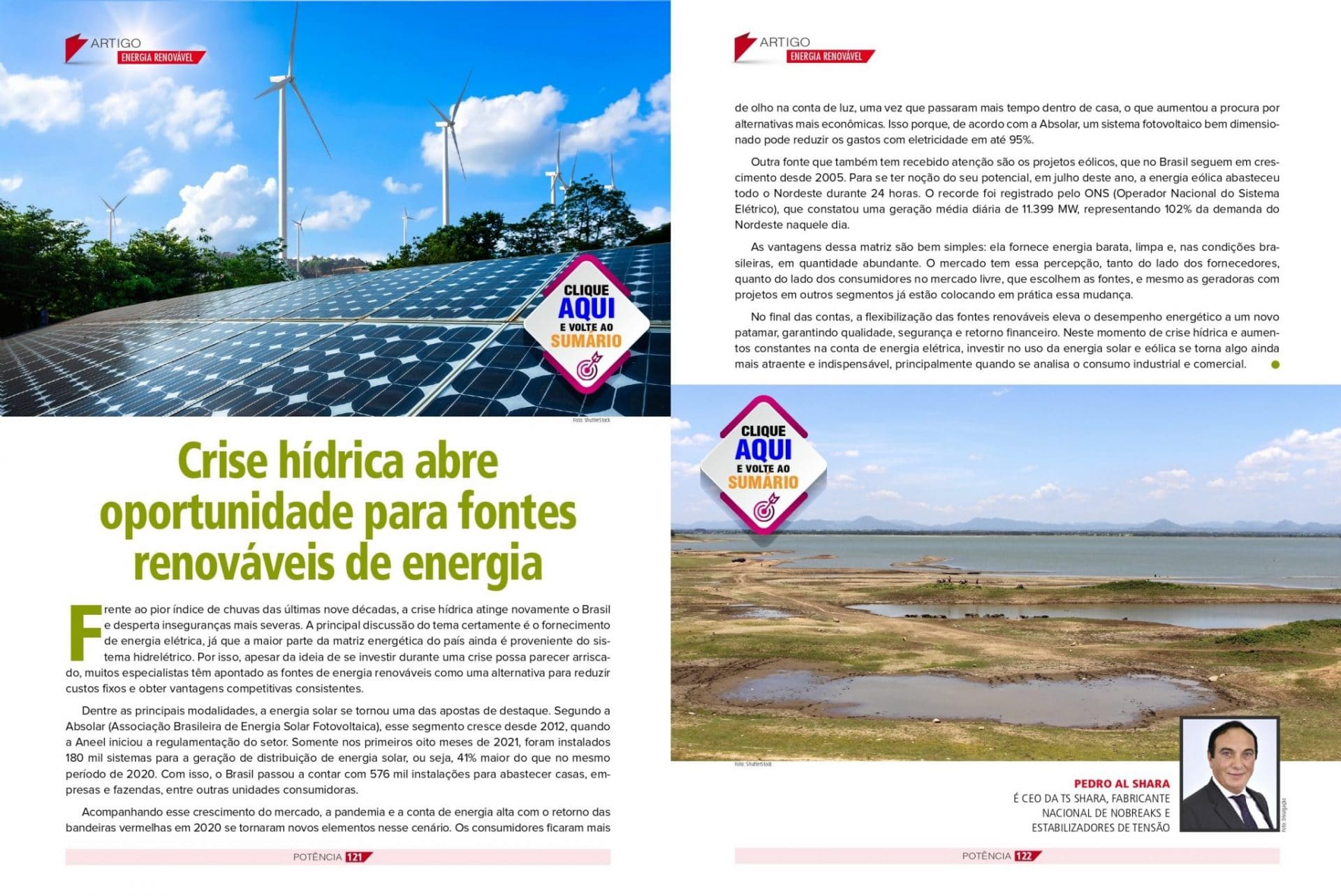 Páginas da Revista Potência com artigo sobre energia renovável. A primeira página mostra um campo de painéis solares sob aerogeradores de energia eólica, com a manchete "Crise hídrica abre oportunidade para fontes renováveis de energia".
