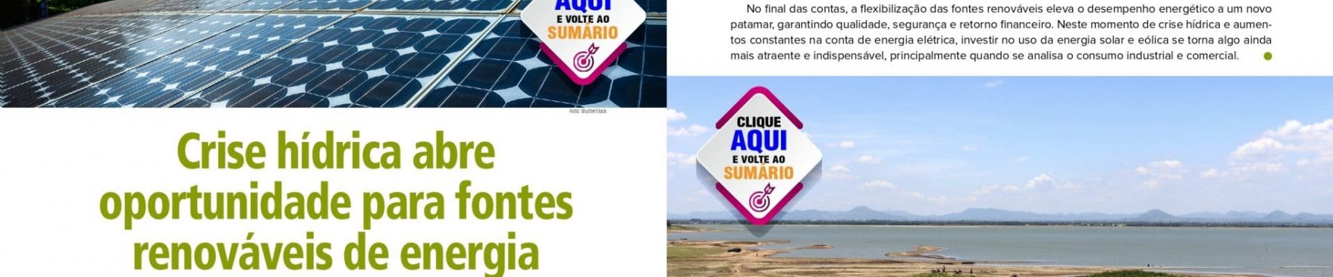 Páginas da Revista Potência com artigo sobre energia renovável. A primeira página mostra um campo de painéis solares sob aerogeradores de energia eólica, com a manchete "Crise hídrica abre oportunidade para fontes renováveis de energia".