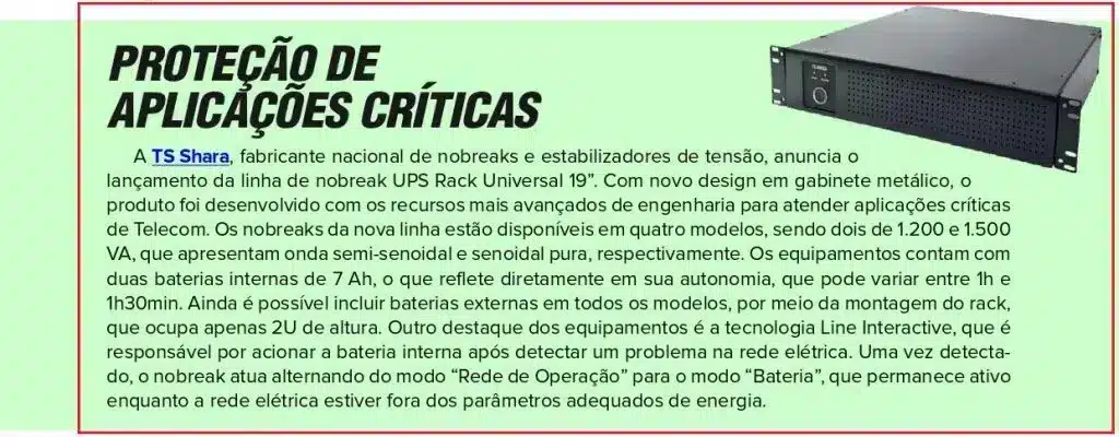 Página técnica com fundo verde claro e o título em destaque "Proteção de Aplicações Críticas". No canto superior direito, há a foto de um nobreak retangular preto, modelo UPS Rack Universal 19 polegadas.