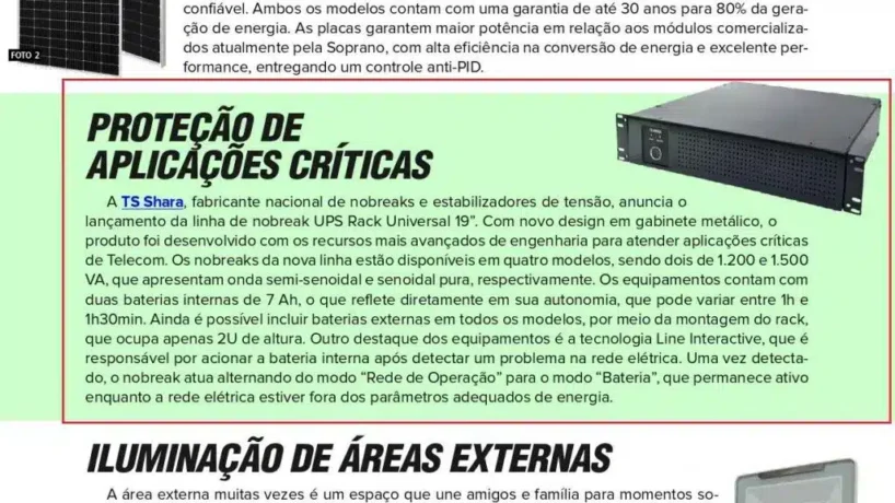 Página técnica com fundo verde claro e o título em destaque "Proteção de Aplicações Críticas". No canto superior direito, há a foto de um nobreak retangular preto, modelo UPS Rack Universal 19 polegadas.