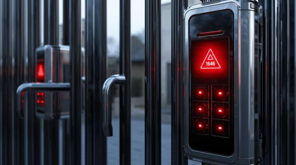 Close em um dispositivo de portaria eletrônica moderno instalado em uma grade metálica preta. O painel digital exibe um triângulo de alerta vermelho com o número 1646 e possui botões iluminados por luzes vermelhas. Ao fundo, vê-se parte de um portão e outra unidade de controle similar.