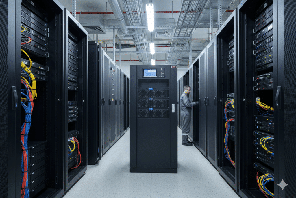 Fotografia de um moderno data center com corredores de racks de servidores pretos organizados em fileiras. Ao centro, destaca-se um nobreak de grande porte (UPS) em formato de torre preta com uma tela digital de monitoramento no topo.