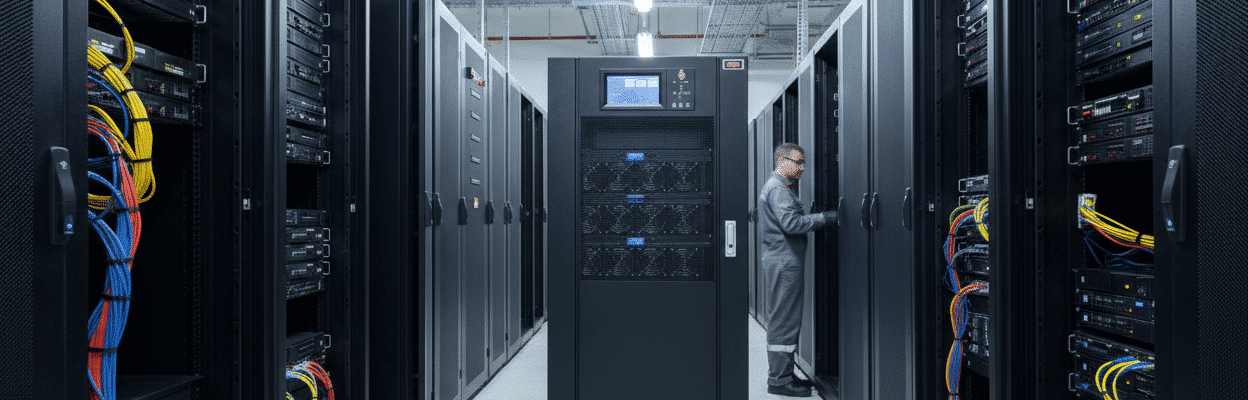 Fotografia de um moderno data center com corredores de racks de servidores pretos organizados em fileiras. Ao centro, destaca-se um nobreak de grande porte (UPS) em formato de torre preta com uma tela digital de monitoramento no topo.