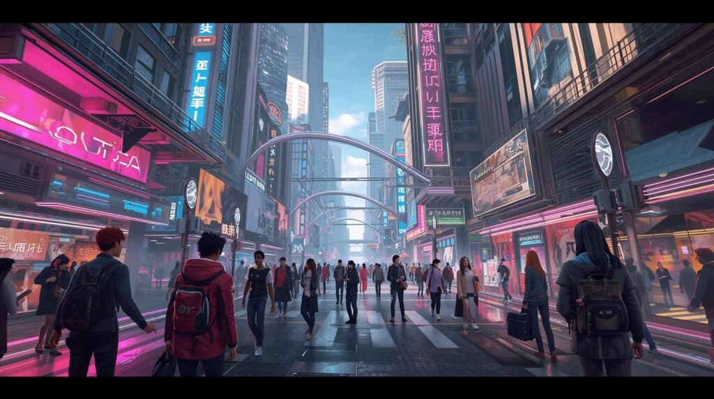 Ilustração digital de uma metrópole futurista com estética cyberpunk. Uma multidão caminha por uma rua larga ladeada por prédios altos repletos de painéis de LED neon em tons de rosa e azul. Estruturas metálicas em arco cruzam o céu entre os edifícios.