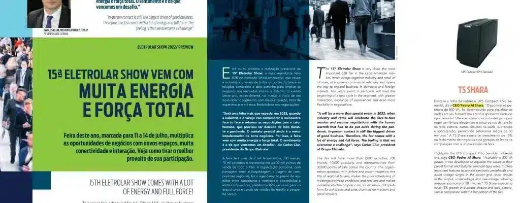 revista sobre a "15ª Eletrolar Show". No topo esquerdo, há a foto de Carlos Clur, presidente do grupo, acompanhada de uma citação sobre o retorno dos negócios presenciais