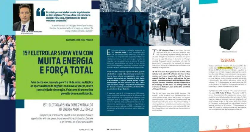 revista sobre a "15ª Eletrolar Show". No topo esquerdo, há a foto de Carlos Clur, presidente do grupo, acompanhada de uma citação sobre o retorno dos negócios presenciais
