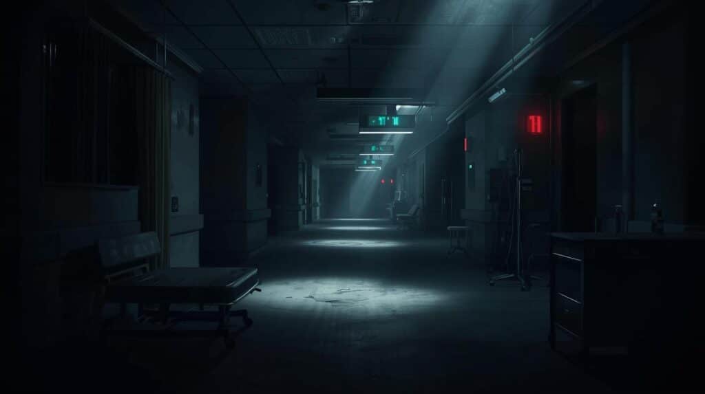um corredor de hospital deserto e imerso na penumbra, sugerindo uma falta de energia elétrica. O ambiente é escuro, iluminado apenas por fachos de luz azulada que entram por aberturas no teto, criando um clima de tensão.