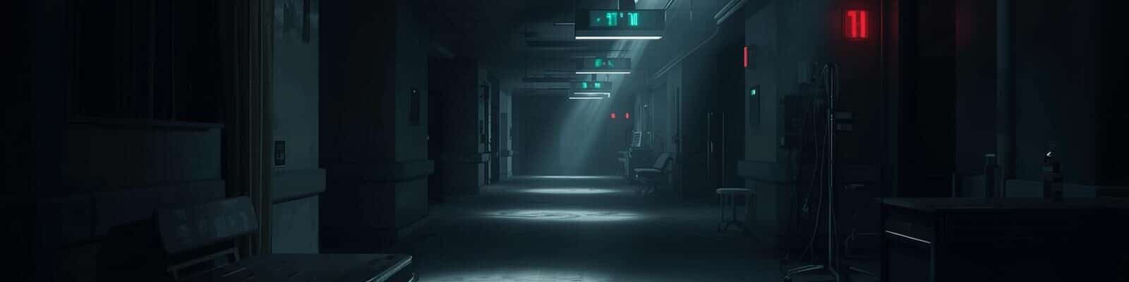 um corredor de hospital deserto e imerso na penumbra, sugerindo uma falta de energia elétrica. O ambiente é escuro, iluminado apenas por fachos de luz azulada que entram por aberturas no teto, criando um clima de tensão.