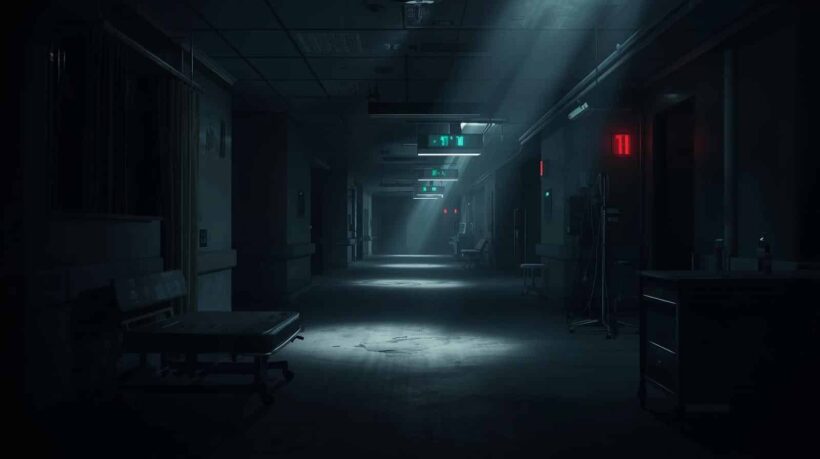 um corredor de hospital deserto e imerso na penumbra, sugerindo uma falta de energia elétrica. O ambiente é escuro, iluminado apenas por fachos de luz azulada que entram por aberturas no teto, criando um clima de tensão.
