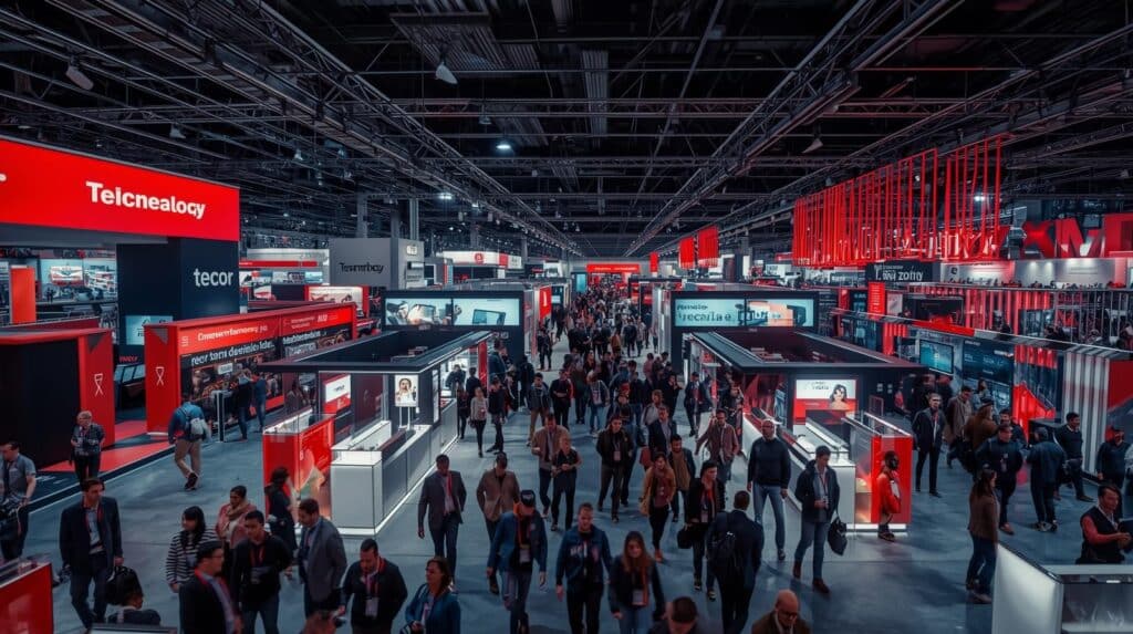 Fotografia aérea de um pavilhão de feira de tecnologia lotado de pessoas. O ambiente é amplo e moderno, com diversos estandes pretos e cinzas acentuados por painéis e letreiros em vermelho vibrante. Corredores largos estão repletos de visitantes caminhando entre as exposições.