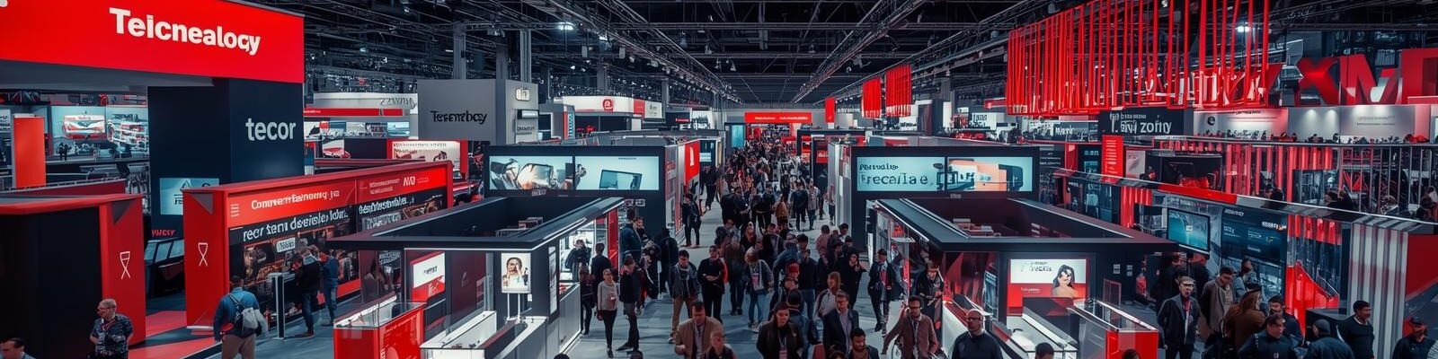 Fotografia aérea de um pavilhão de feira de tecnologia lotado de pessoas. O ambiente é amplo e moderno, com diversos estandes pretos e cinzas acentuados por painéis e letreiros em vermelho vibrante. Corredores largos estão repletos de visitantes caminhando entre as exposições.