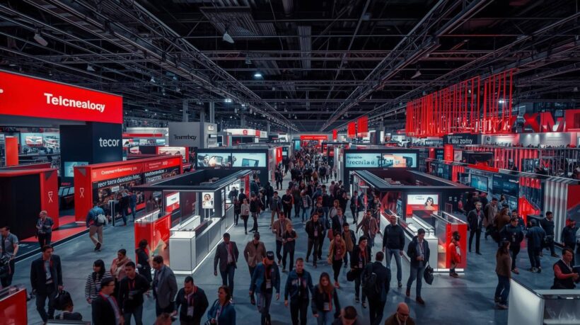 Fotografia aérea de um pavilhão de feira de tecnologia lotado de pessoas. O ambiente é amplo e moderno, com diversos estandes pretos e cinzas acentuados por painéis e letreiros em vermelho vibrante. Corredores largos estão repletos de visitantes caminhando entre as exposições.