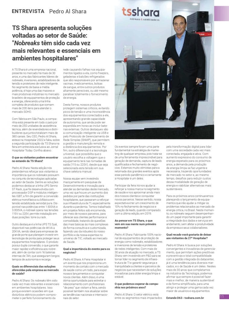 Página de uma revista ou jornal técnico com uma entrevista intitulada "TS Shara apresenta soluções voltadas ao setor de Saúde". No canto superior direito, uma fotografia mostra o empresário Pedro Al Shara, de terno, posando ao lado de um grande equipamento de proteção de energia (nobreak) preto.