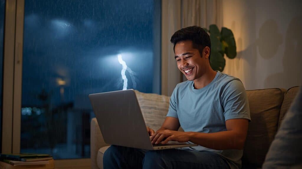 Um homem sorridente trabalha em um notebook em uma sala bem iluminada e confortável. Através de uma grande janela ao fundo, vê-se uma tempestade noturna com chuva forte e um raio iluminando o céu escuro