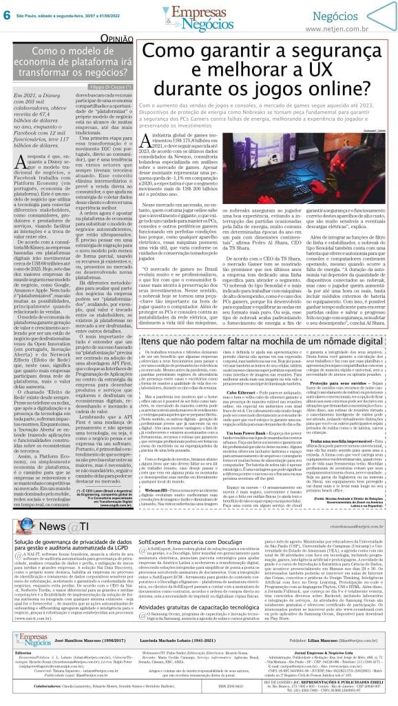 Recorte de uma página de jornal com o título "Como garantir a segurança e melhorar a UX durante os jogos online?". No centro, uma fotografia mostra uma pessoa a jogar num computador num ambiente escuro com iluminação LED vermelha.