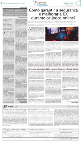 Recorte de uma página de jornal com o título "Como garantir a segurança e melhorar a UX durante os jogos online?". No centro, uma fotografia mostra uma pessoa a jogar num computador num ambiente escuro com iluminação LED vermelha.