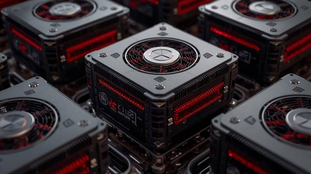 Uma composição de vários módulos de energia de média potência com design industrial futurista. Os dispositivos são pretos e quadrados, com grandes ventoinhas centrais e detalhes internos iluminados em vermelho vibrante.