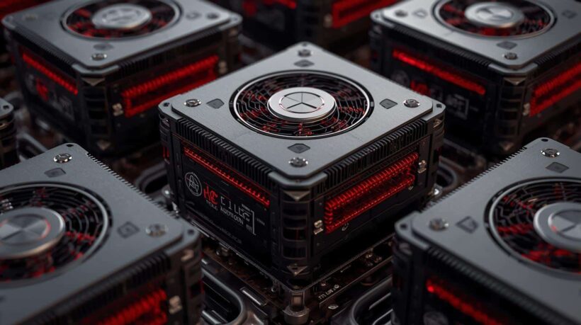 Uma composição de vários módulos de energia de média potência com design industrial futurista. Os dispositivos são pretos e quadrados, com grandes ventoinhas centrais e detalhes internos iluminados em vermelho vibrante.