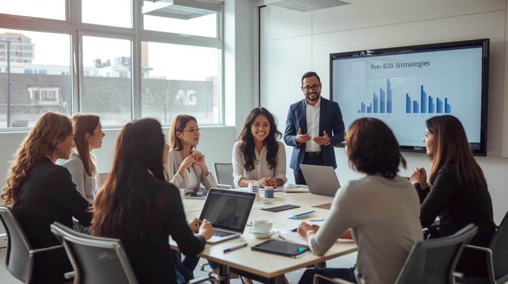 uma reunião em um escritório moderno e iluminado. Um homem de terno está de pé à frente de uma tela digital que exibe gráficos de barras e o título "B2B Strategies", gesticulando enquanto fala para um grupo de sete mulheres sentadas ao redor de uma mesa de conferência.