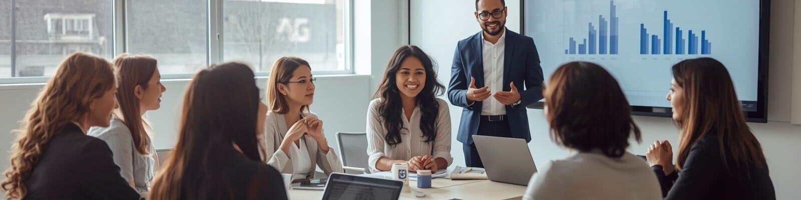 uma reunião em um escritório moderno e iluminado. Um homem de terno está de pé à frente de uma tela digital que exibe gráficos de barras e o título "B2B Strategies", gesticulando enquanto fala para um grupo de sete mulheres sentadas ao redor de uma mesa de conferência.