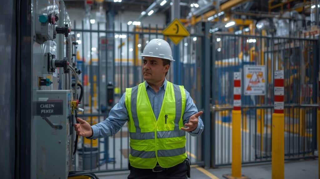 Fotografia colorida de um homem vestindo uniforme de segurança, composto por capacete branco e colete refletivo amarelo sobre uma camisa social azul. Ele está em um ambiente industrial, posicionado de perfil em frente a um painel de controle elétrico com diversos botões e chaves.
