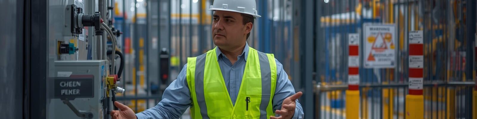 Fotografia colorida de um homem vestindo uniforme de segurança, composto por capacete branco e colete refletivo amarelo sobre uma camisa social azul. Ele está em um ambiente industrial, posicionado de perfil em frente a um painel de controle elétrico com diversos botões e chaves.