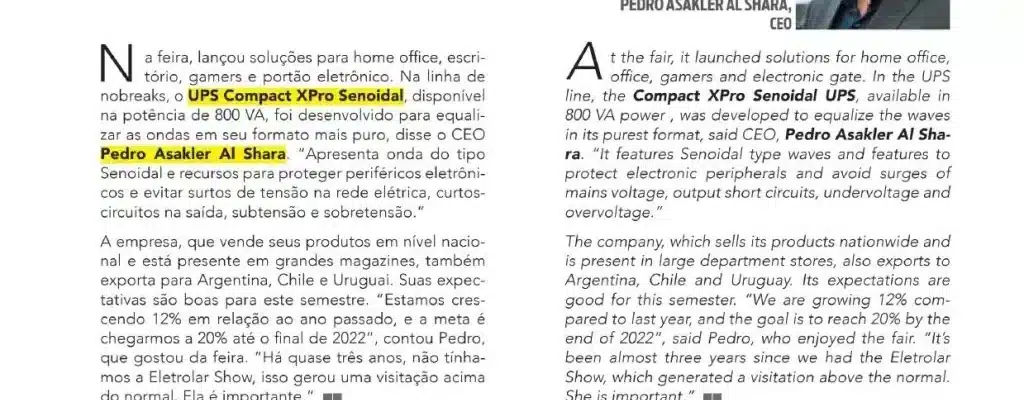 Página de revista com o título "TS Shara: Linha de Nobreaks" em verde. No canto superior direito, há uma foto de Pedro Asakler Al Shara, CEO da empresa. O texto, escrito em português e inglês, destaca o lançamento do nobreak UPS Compact XPro Senoidal de 800 VA